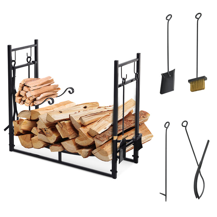 Metal Firewood Log Holder Indoor Outdoor Firewood Rack Fireplace 2 Tier Wood Storage Shelf with 4 Tools, Hooks, Scrolls, Black, 84W x 33D x 76H cm