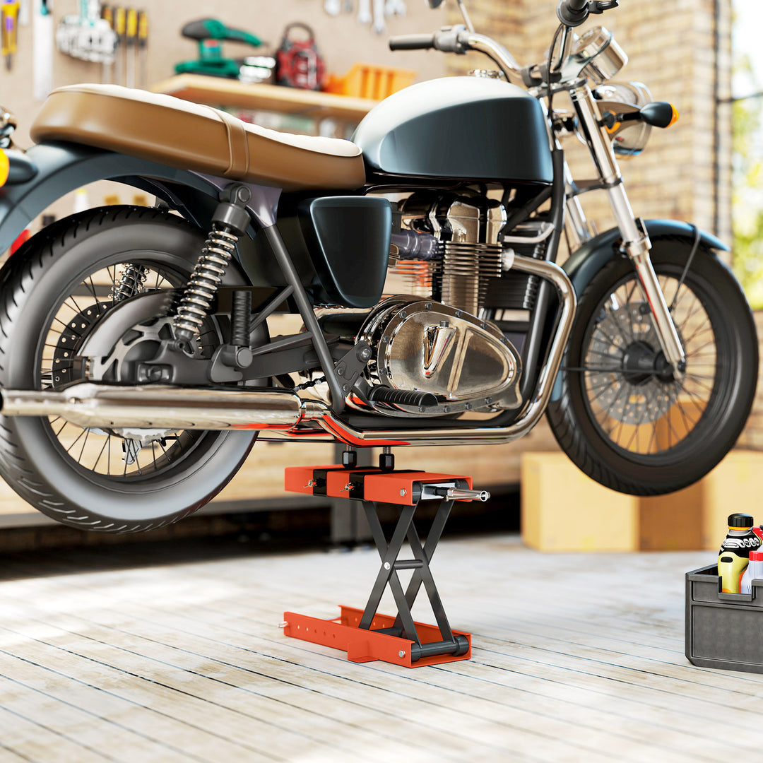 500 kg Motorcycle Scissor Lift Jack, Heavy Duty Steel Adjustable Motorbike Lifting Hoist Stand with Safety Pin, Foldable Lifter for Dirt Bike Repair Maintenance, 45x15 cm Large Platform, Orange