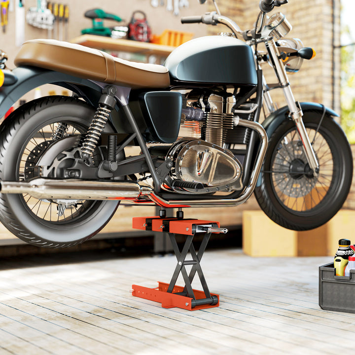 500 kg Motorcycle Scissor Lift Jack, Heavy Duty Steel Adjustable Motorbike Lifting Hoist Stand with Safety Pin, Foldable Lifter for Dirt Bike Repair Maintenance, 45x15 cm Large Platform, Orange