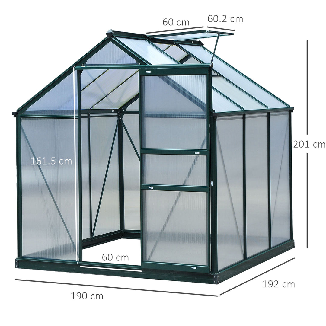6 x 6ft Polycarbonate Greenhouse, Large Walk-In Green House with Slide Door and Window, Garden Plants Grow House with Aluminium Frame and Foundation, Dark Green