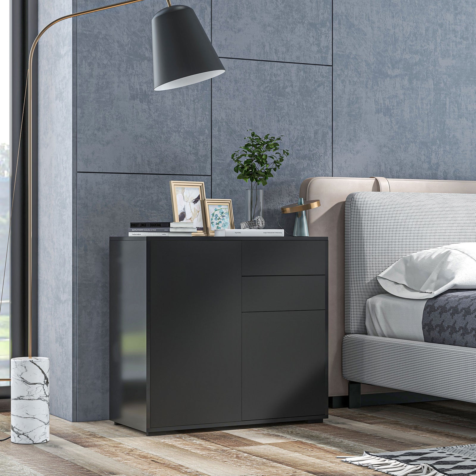 High Gloss Frame Sideboard, Push-Open Design with 2 Drawers for Living Room, Bedroom, 74H x 79W x 36Dcm, Black