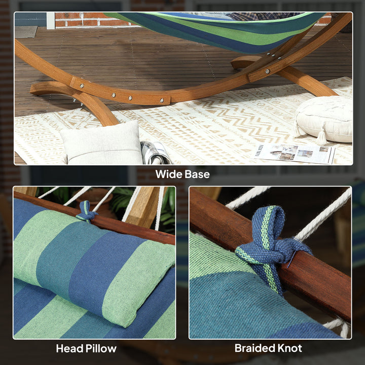 Outdoor Hammock with Stand, Garden Hammock with Triple-Head Eucalyptus Wood Arc Frame, 1 Person Cotton Bed and Head Pillow, Freestanding Garden Swing Bed for Patio, Blue Stripe