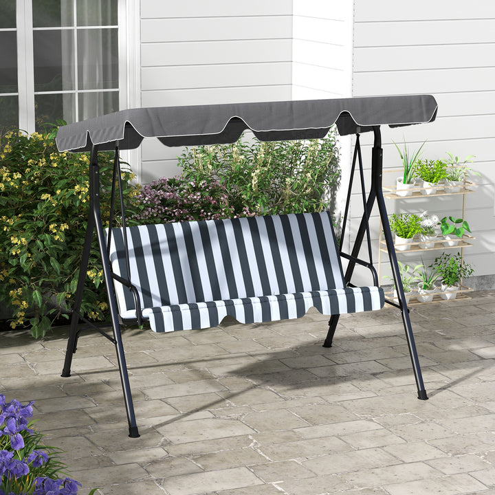 Outsunny 3 Seater Garden Swing Seat Plus Adjustable Canopy, Hammock Chair with Foot Pads, High angled Back, Grey Stripe | Aosom UK