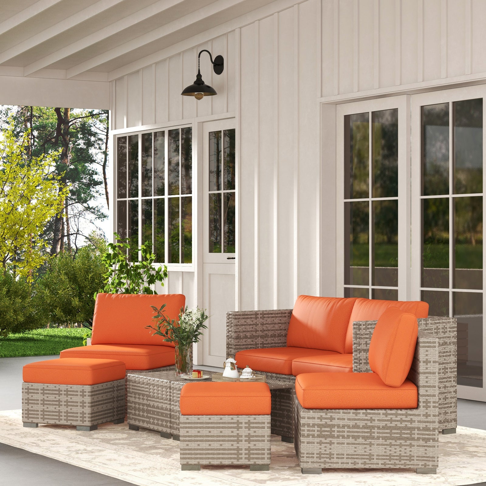 Eight-Piece Rattan Garden Set, with Contrast Cushions - Orange/Grey