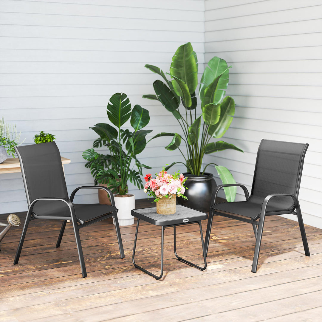 3 Pieces Outdoor Bistro Set, Patio Stackable Armchairs with Breathable Mesh Fabric and SPC Board Coffee Table, Black