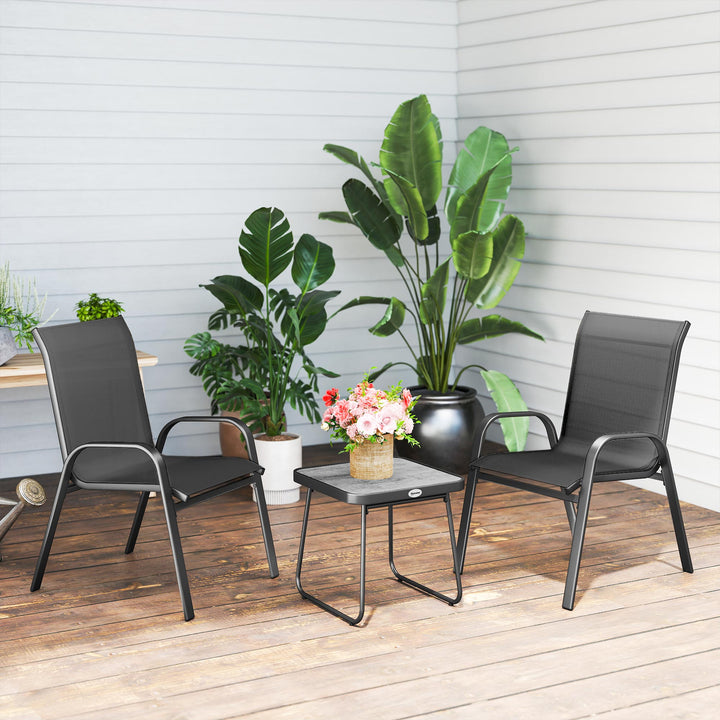 3 Pieces Outdoor Bistro Set, Patio Stackable Armchairs with Breathable Mesh Fabric and SPC Board Coffee Table, Black