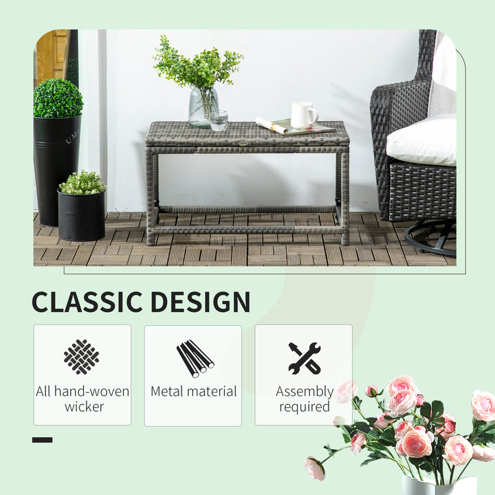 Outdoor Coffee Table, Garden PE Rattan Side Table with Plastic Board Under the Full Woven Table Top and Rectangular Frame for Patio, Balcony, Mixed Grey