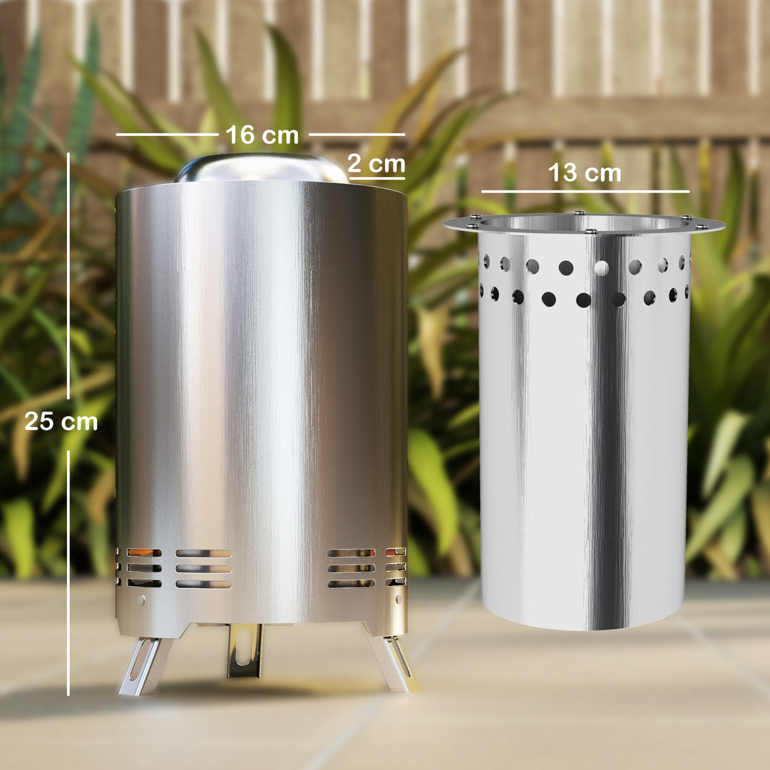 Smokeless Fire Pit, 16 x 16 cm Stainless Steel Portable Wood Burning Firepit with Poker, Wood or Pellet Fuelled Tabletop Fire Pit for Garden Camping Bonfire Party, Silver Tone