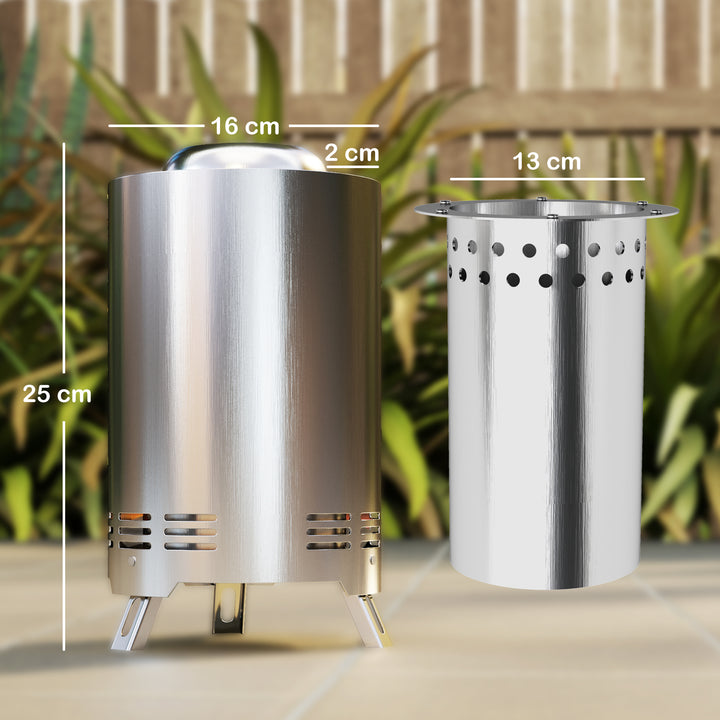 Smokeless Fire Pit, 16 x 16 cm Stainless Steel Portable Wood Burning Firepit with Poker, Wood or Pellet Fuelled Tabletop Fire Pit for Garden Camping Bonfire Party, Silver Tone