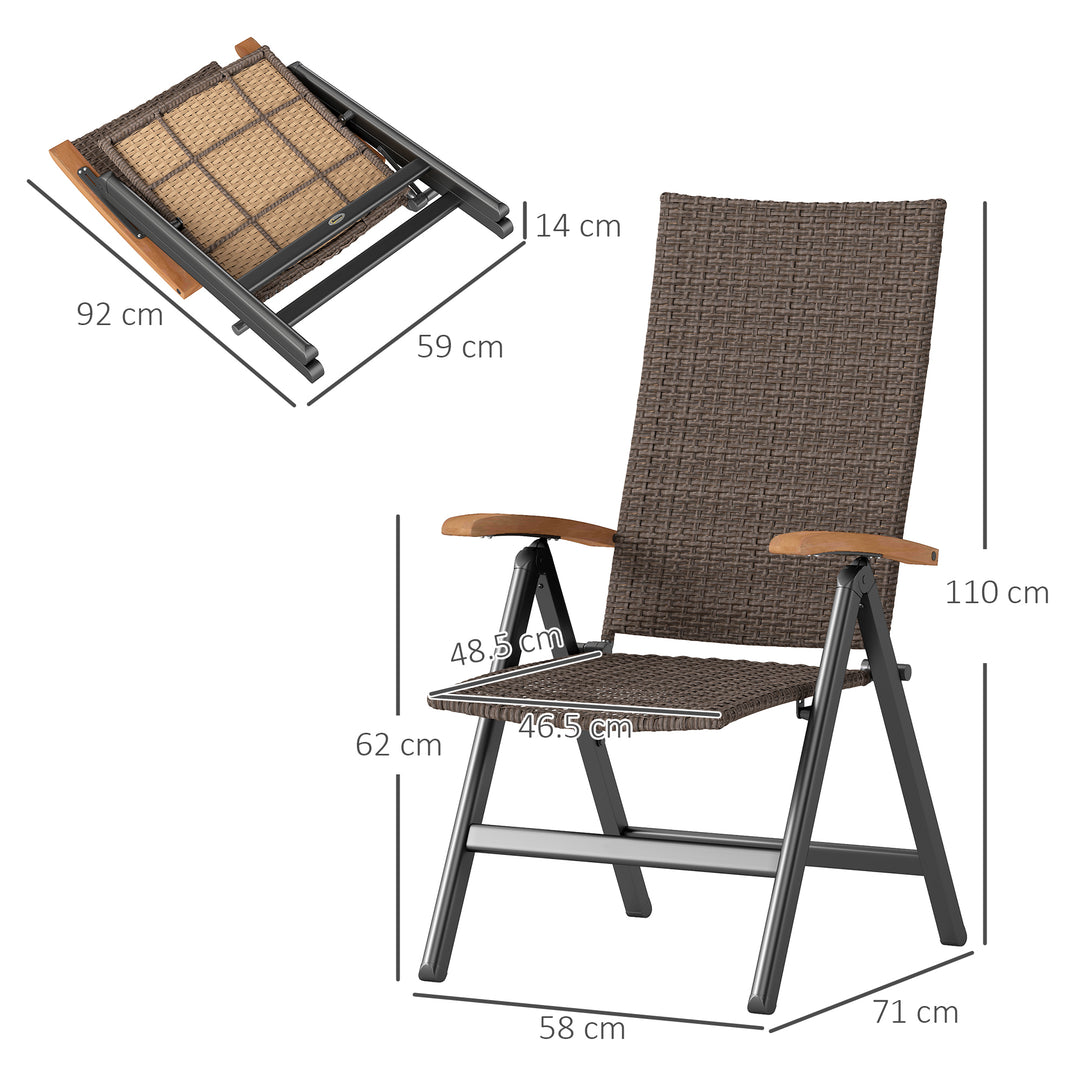 2 Pieces Folding Rattan Garden Dining Chairs with 5-level Reclining High Back, Wood Armrests for Outdoor - Brown