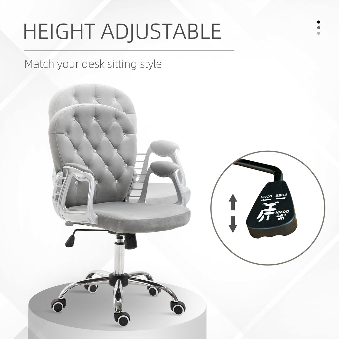 Office Chair, Swivel Desk Chair, Velvet Vanity Chair with Adjustable Height and Rolling Wheels for Home Work Study, Grey