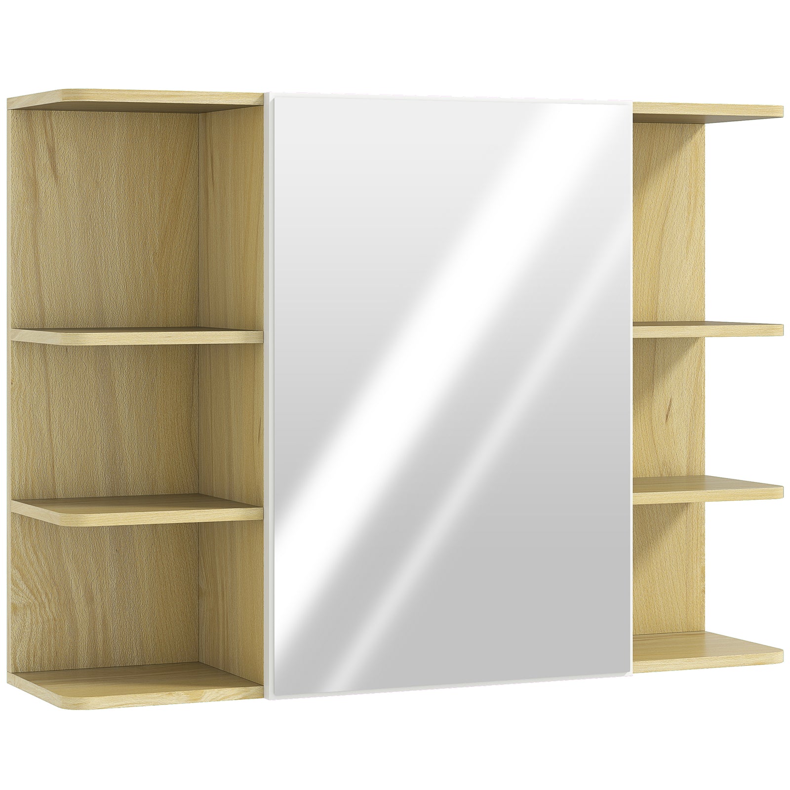 Bathroom Mirror Cabinet with Open Storage Shelves - Natural Wood Finish