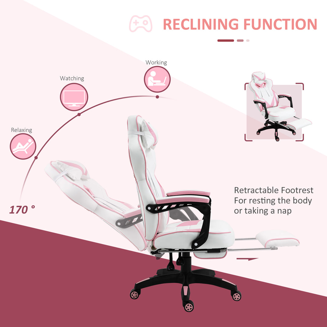 Computer Gaming Chair, Racing Desk Chair with Lumbar Support and Footrest, PU Leather Gamer Chair with Headrest and Swivel Wheels for Home, Pink