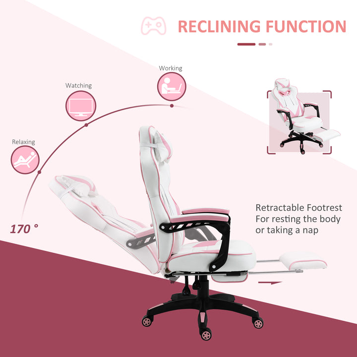Computer Gaming Chair, Racing Desk Chair with Lumbar Support and Footrest, PU Leather Gamer Chair with Headrest and Swivel Wheels for Home, Pink