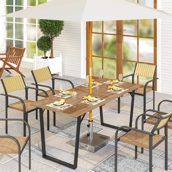 6 Seater Wooden Garden Dining Table, 175 x 80 cm Rectangular Outdoor Dining Table with 5cm Parasol Hole and Slatted Top, Weather Resistant for Patio, Terrace, Brown