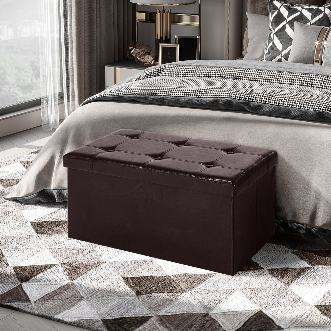 Folding Faux Leather Storage Cube Ottoman Bench Seat PU Rectangular Footrest Stool Box (Brown)