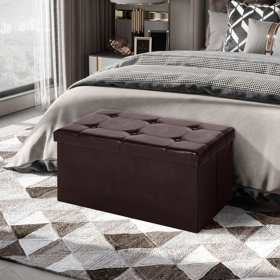 Folding Faux Leather Storage Cube Ottoman Bench Seat PU Rectangular Footrest Stool Box (Brown)