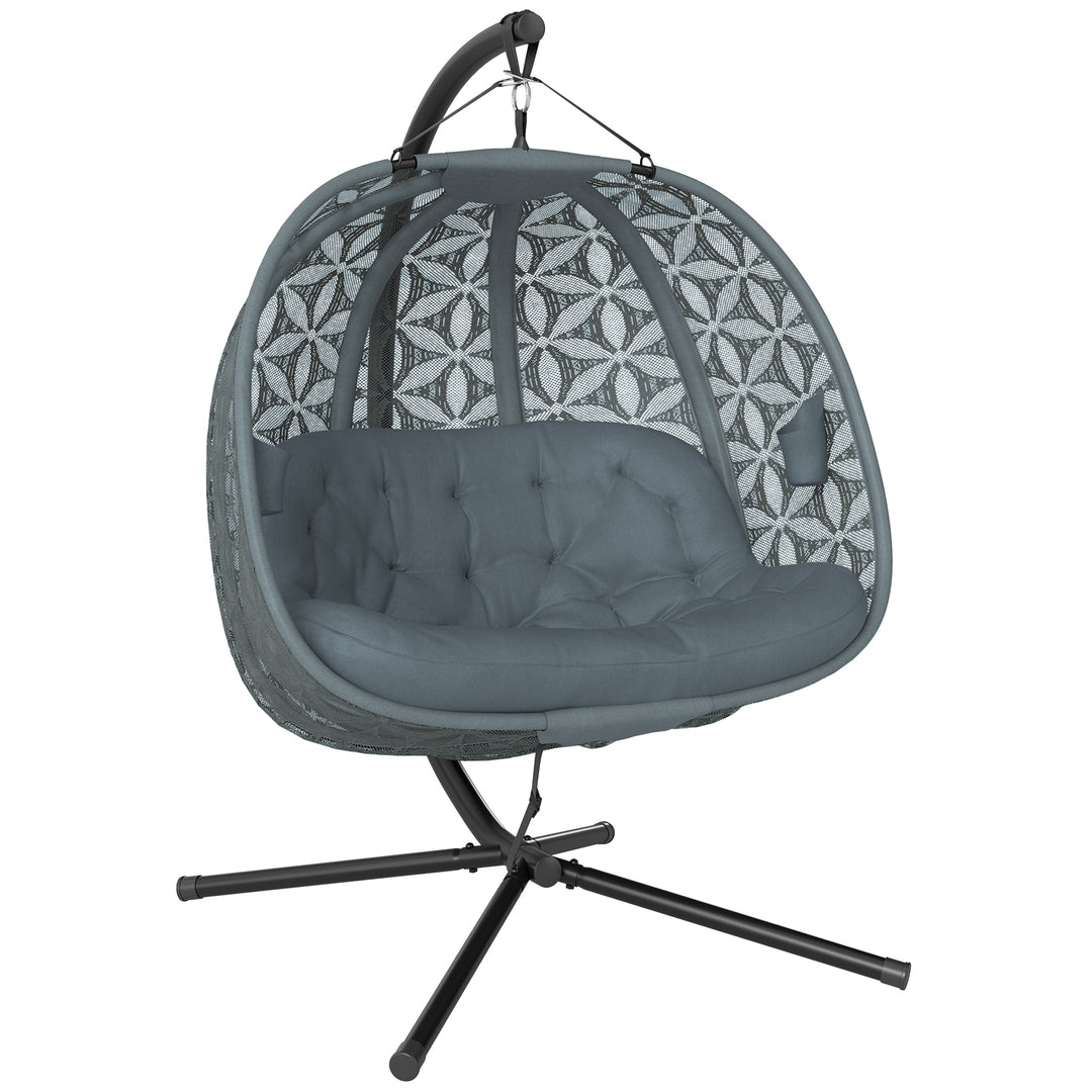 Outdoor Double Hanging Chair with Cushion and Cup Holders, Charcoal Grey