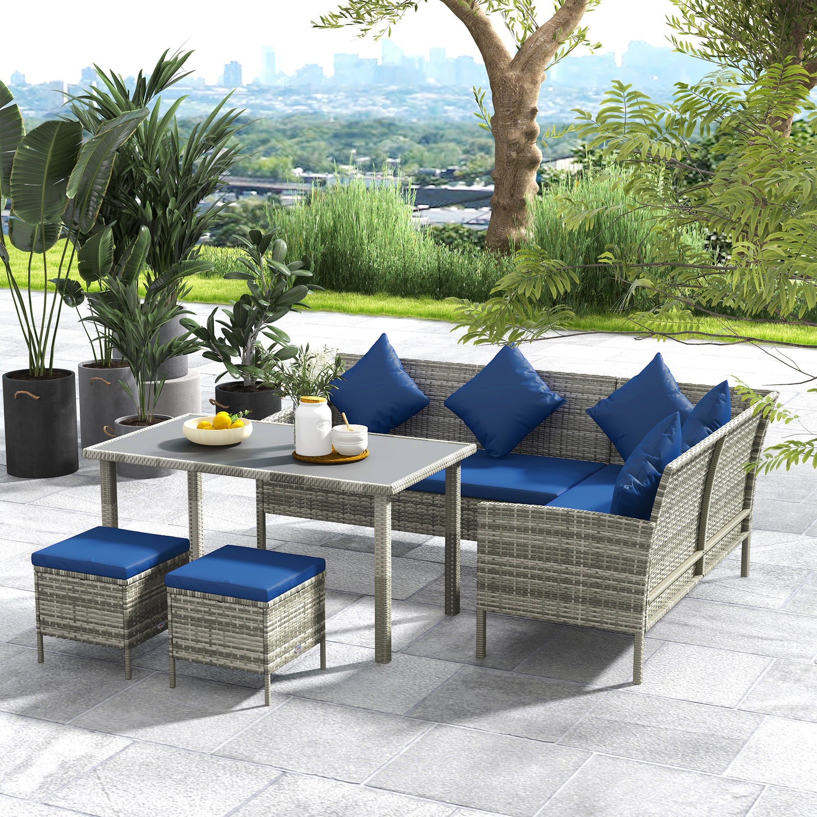 5 Pieces Rattan Garden Furniture Set with Dining Table, Cushions - Dark Blue