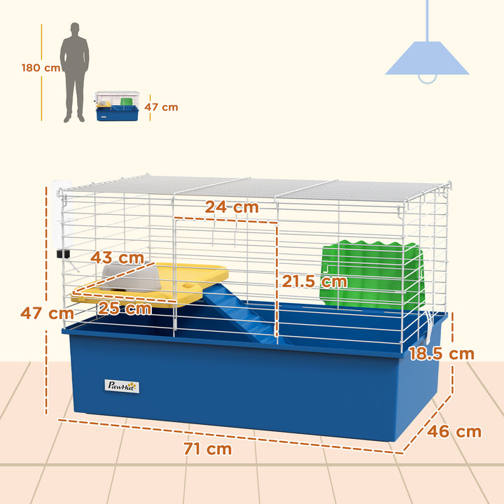 PawHut Chinchillas Small Rabbit Guinea Pig Small Animal Cage, Pet Playhouse, with Platform, Ramp, 71 x 46 x 47cm, Blue | Aosom UK