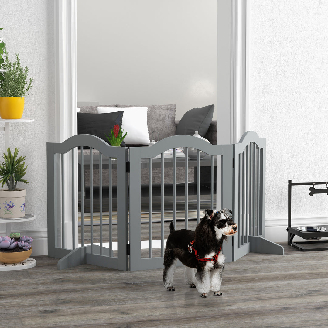 PawHut 3 Panels Dog Gate w/ Support Feet Fence Safety Barrier Freestanding Wood Light Grey