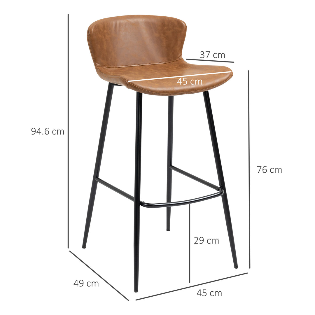 Bar Stools Set of 2, PU Leather Upholstered Bar Chairs, Breakfast Kitchen Counter Chairs with Backs, Steel Legs and Footrests for Dining Room, Brown