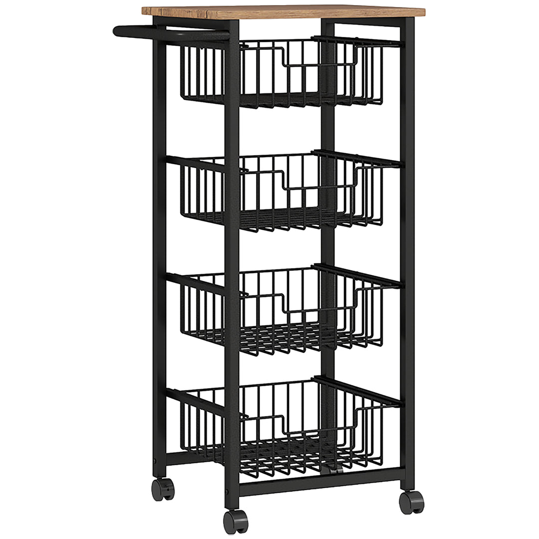 Four Basket Mobile Kitchen Island, with Brakes - Oak/Black
