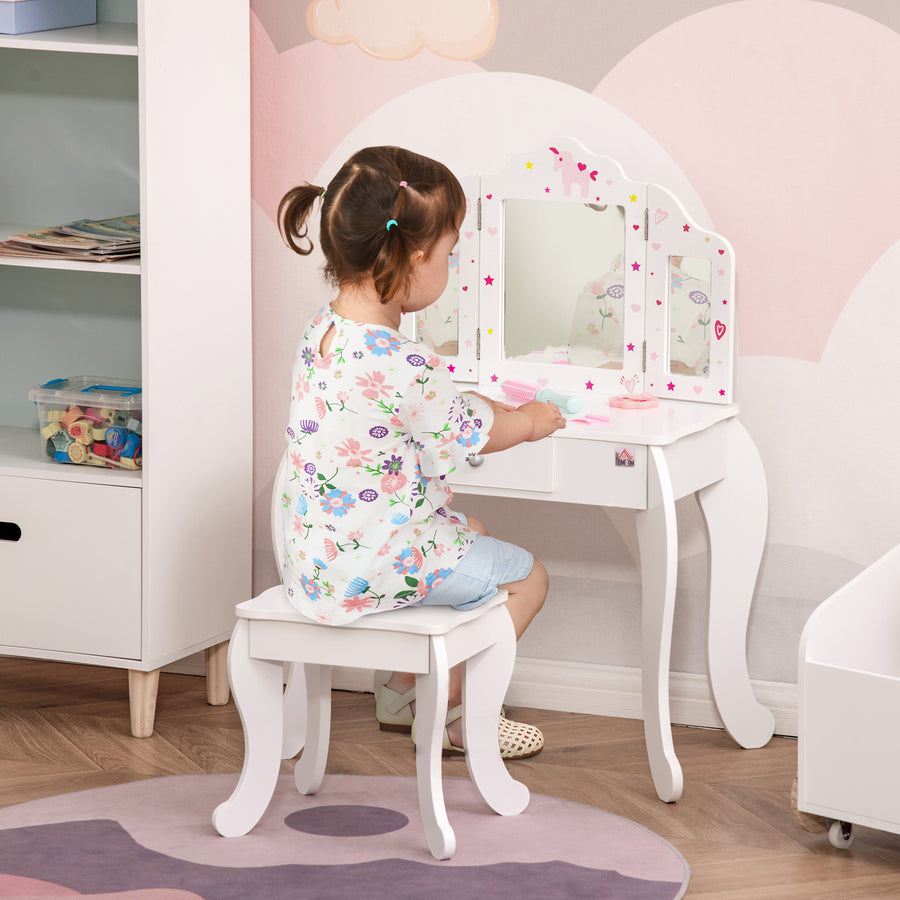 Kids Vanity Table and Chair Set with Tri-Folding Mirror and Stool, Makeup Dressing Table with Drawer, White
