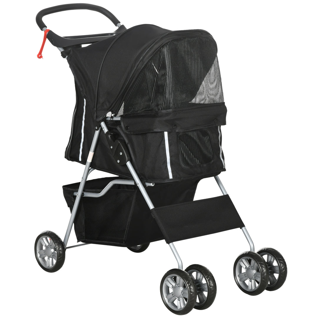 Pet Stroller for Small Miniature Dogs Cats Foldable Travel Carriage with Wheels Zipper Entry Cup Holder Storage Basket Black
