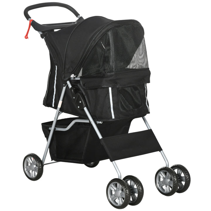 Pet Stroller for Small Miniature Dogs Cats Foldable Travel Carriage with Wheels Zipper Entry Cup Holder Storage Basket Black