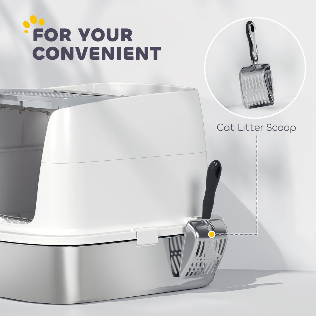 Large Stainless Steel Litter Box, Enclosed Metal Cat Litter Tray with Scoop, Deodoriser Bag, Front-Entry and Top-Exit