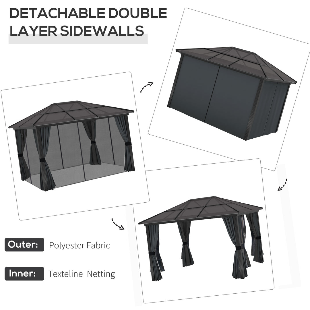 Outsunny 3 x 4m Hard Top Gazebo Garden Pavilion with Netting and Curtains, Polycarbonate Roof and Aluminium Frame