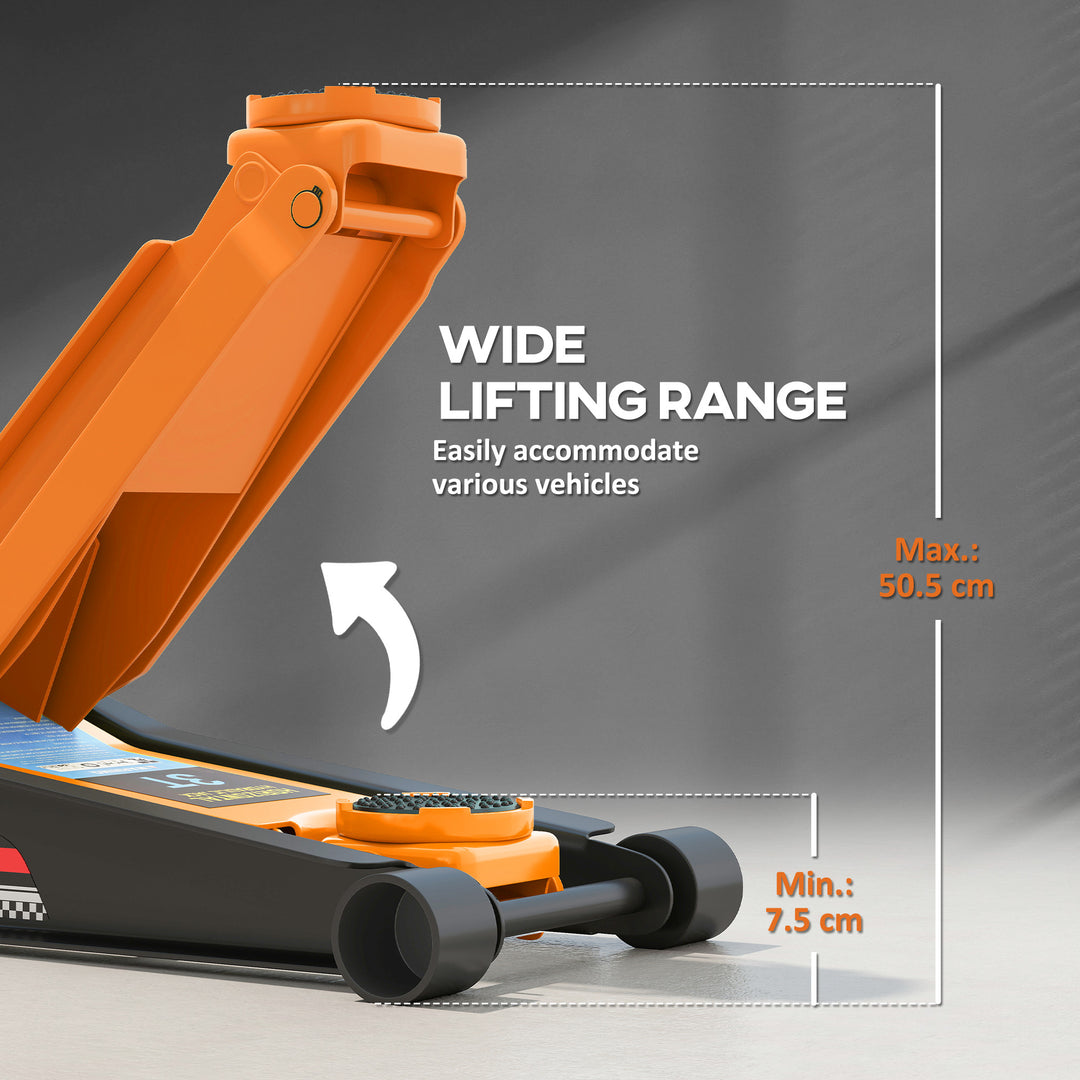 3 Ton Hydraulic Low-Profile Floor Jack, with 7.5-50.5cm Lifting Range, Wheels, Orange