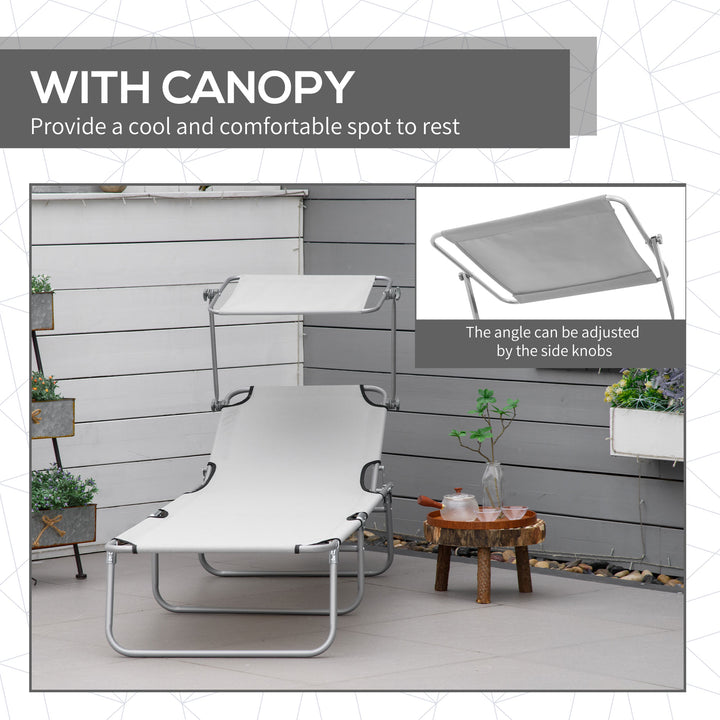 MCL Outdoor Foldable Sun Lounger, 4 Level Adjustable Backrest Reclining Sun Lounger Chair with Angle Adjust Sun Shade Awning for Beach, Garden, Patio, Light Grey