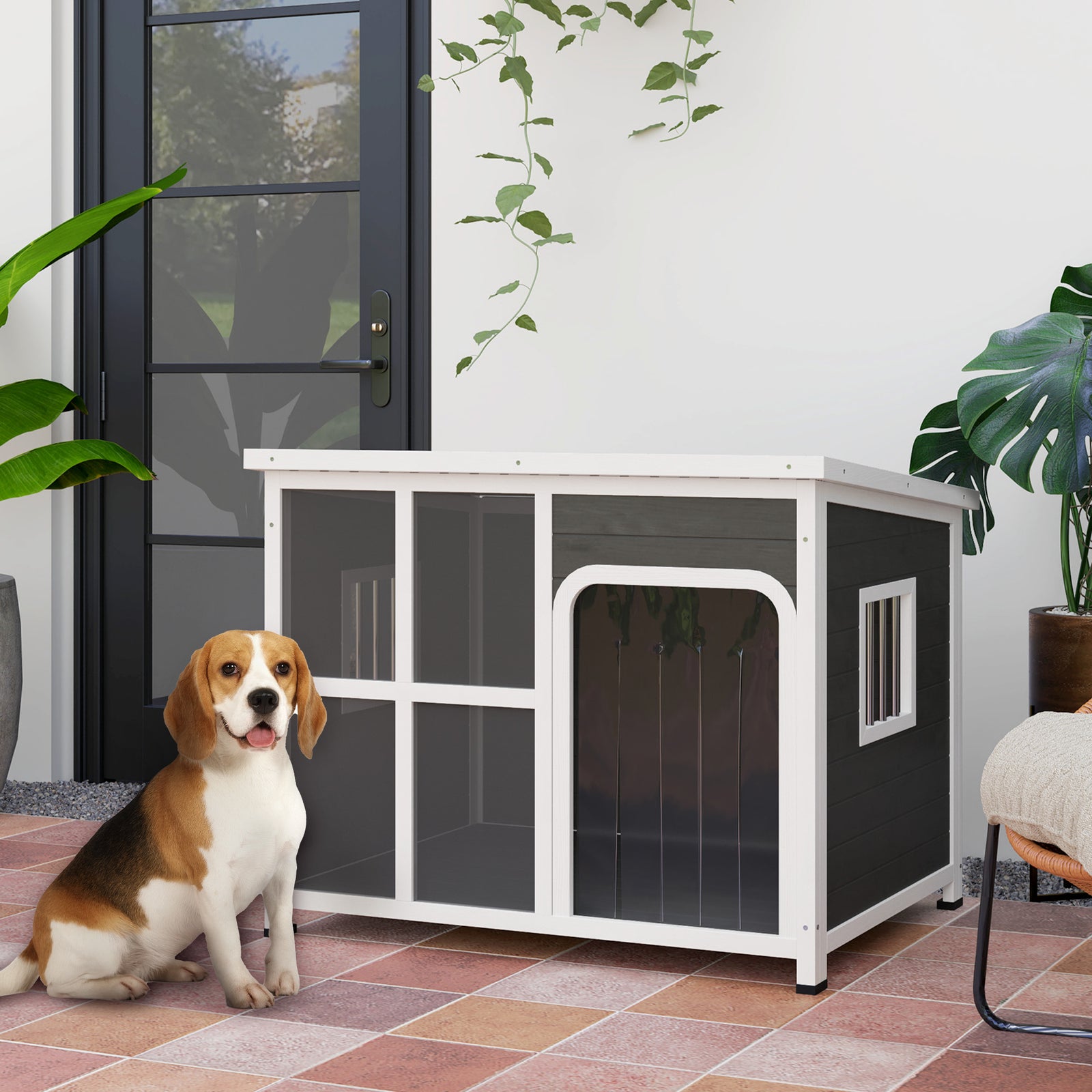 Wooden Outdoor Dog House, with Asphalt Openable Top, Removable Floor, Clear Front Panel, Curtain, 103 x 77 x 83cm