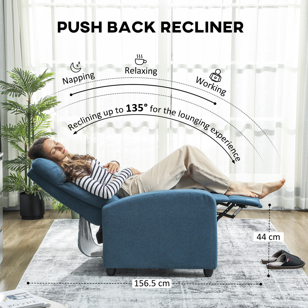 135° Push Back Recliner Armchair, with Footrest - Blue
