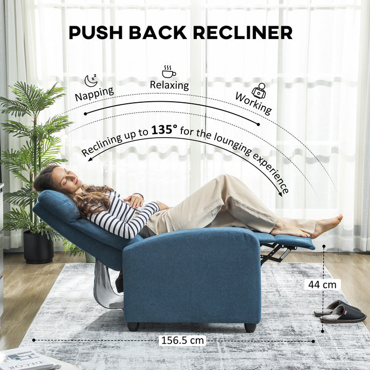 135° Push Back Recliner Armchair, with Footrest - Blue