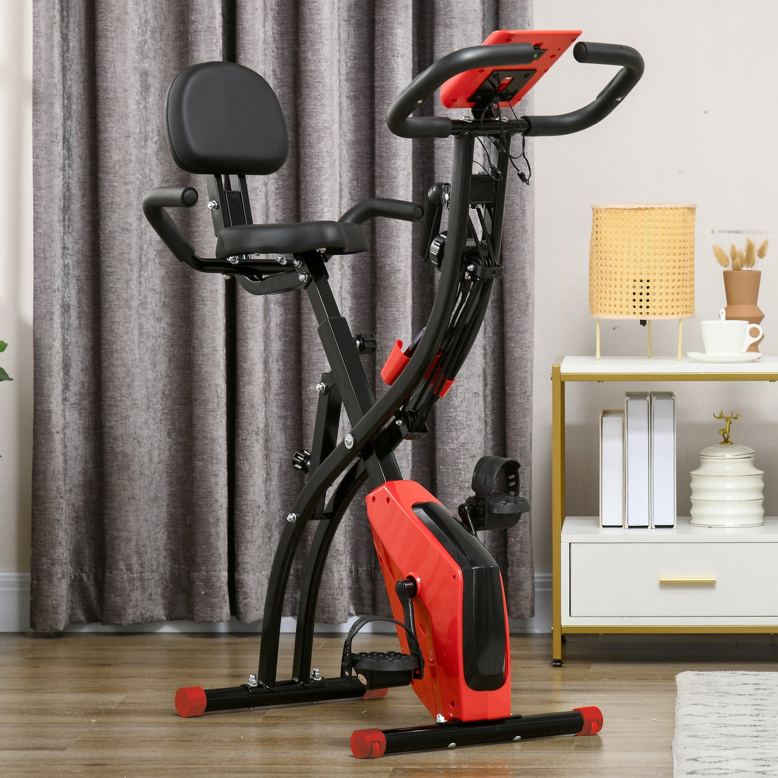 2-in-1 Folding Exercise Bike with 8-Level Magnetic Resistance, Arm Resistance Band, Pulse Sensor, Red