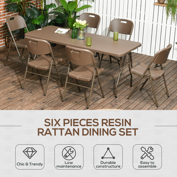 Outsunny Patio 7 PCs Resin Rattan Dining Set, Foldable Chairs and Table w/ HDPE Molding Process, Portable, Space