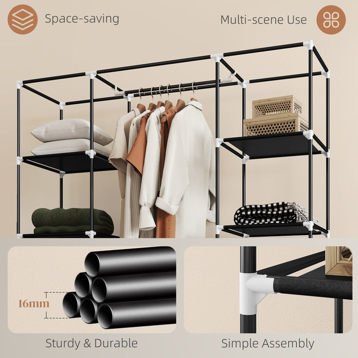 Portable Wardrobe, Foldable Fabric Wardrobe, 150 x 43 x 162.5cm, Clothes Storage Organiser with Hanging Rail, Shelves, Fabric Cover for Bedroom, Black