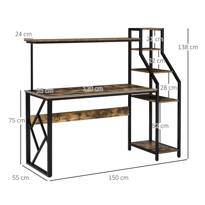 HOMCOM Compact Computer Desk, Home Office Study Table with 6-Tier Storage, Industrial Workstation for Limited Spaces, Rustic Brown | Aosom UK