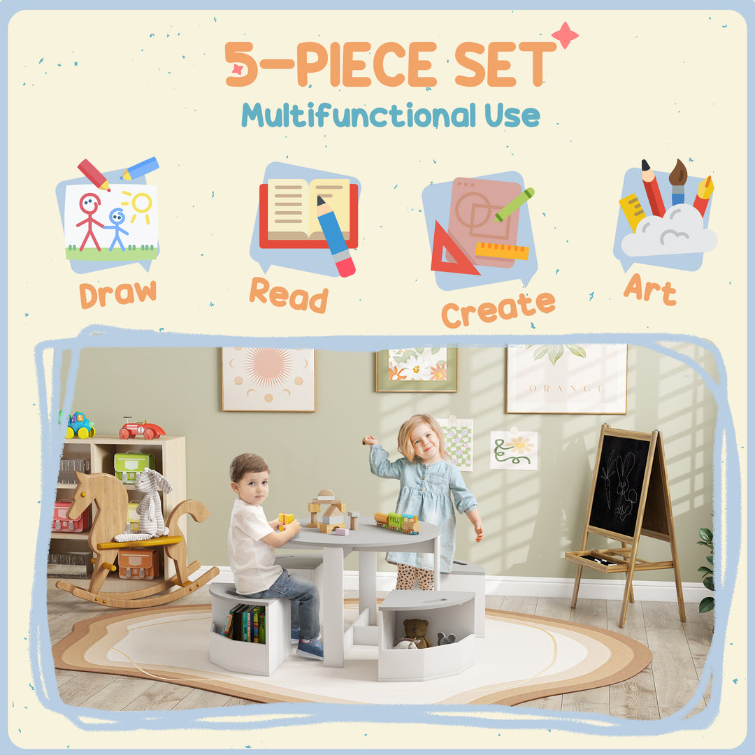 AIYAPLAY Five-Piece Kids Table and Chairs Set with Storage, for Ages 3-8 Years, Grey