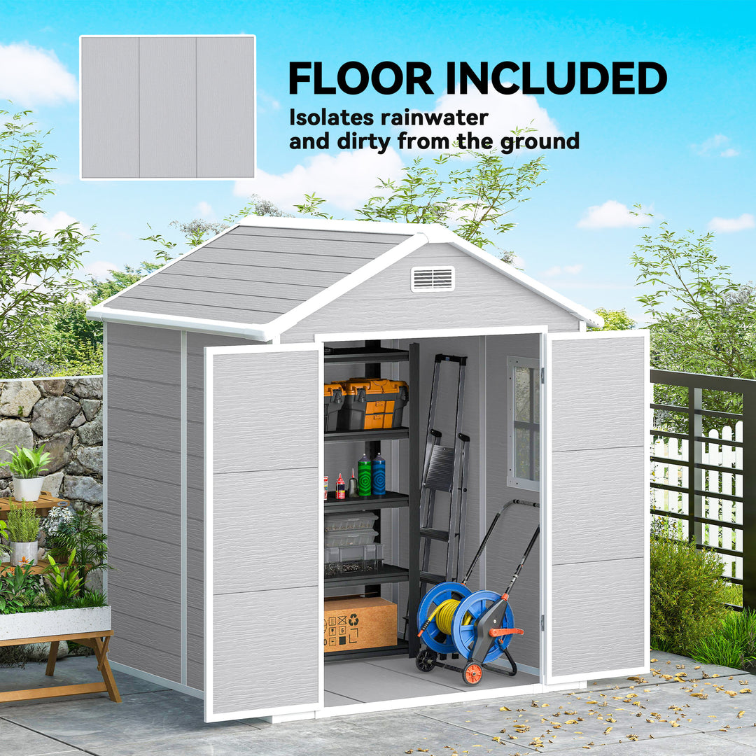 6 x 5ft Garden Shed, Plastic Shed with Floor, Window, Lockable Doors and Vents, Wood Effect Resin Tool Shed for Outdoor Patio, Light Grey