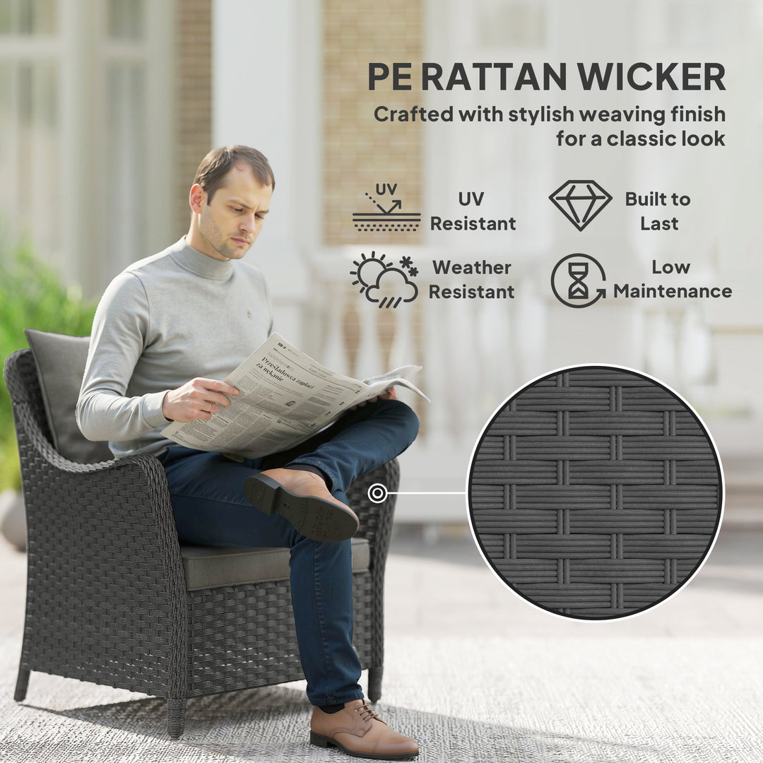 Rattan Garden Chairs Set of 2, Outdoor Rattan Chairs with Cushions, Armrests and High Back, PE Wicker Garden Armchair with Steel Frame for Balcony, Porch, Dark Grey