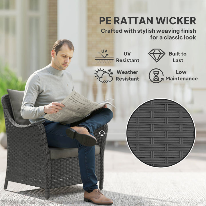 Rattan Garden Chairs Set of 2, Outdoor Rattan Chairs with Cushions, Armrests and High Back, PE Wicker Garden Armchair with Steel Frame for Balcony, Porch, Dark Grey
