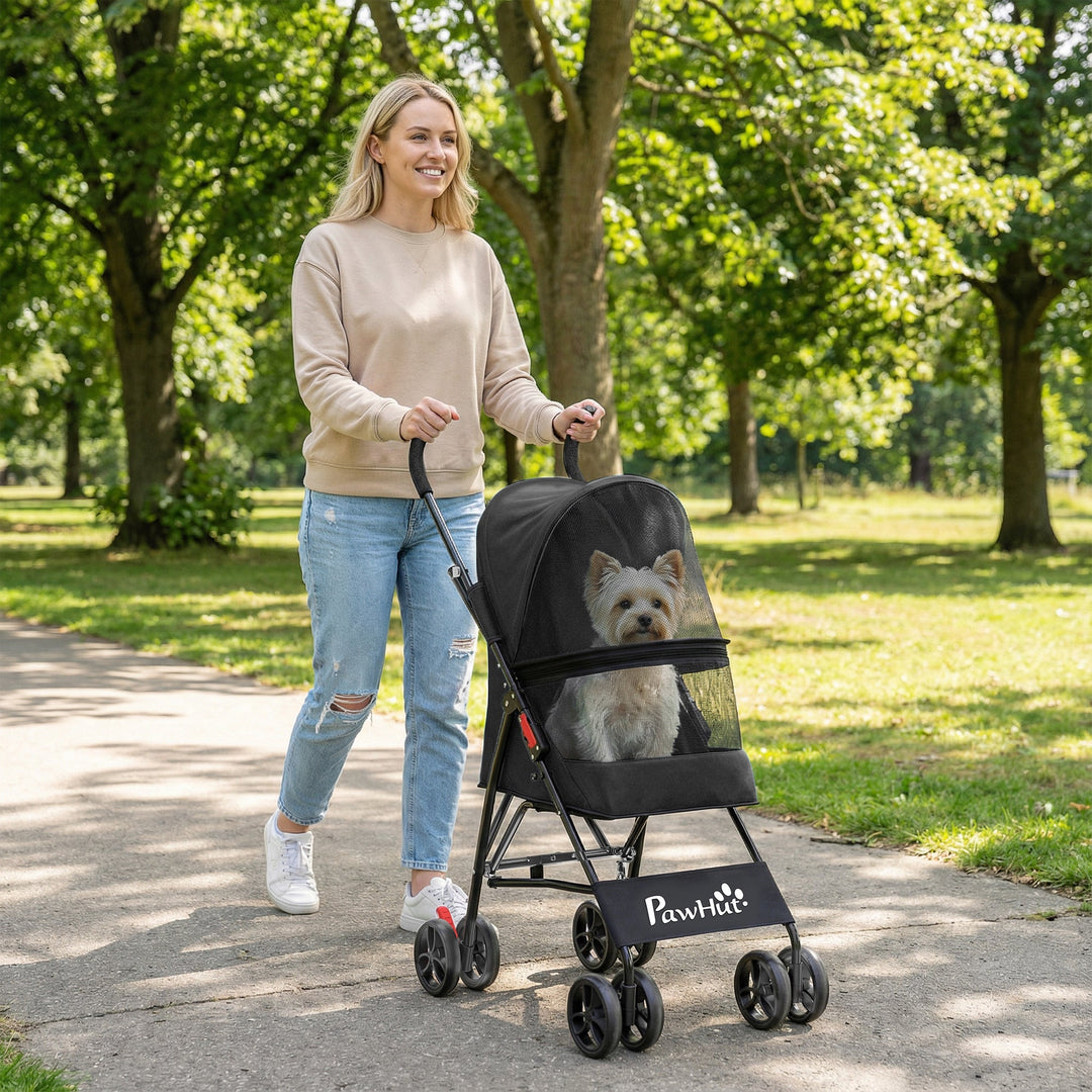Dog Stroller, Foldable Cat Dog Pram for Miniature Breeds, Pet Stroller with Brake, Mesh Windows