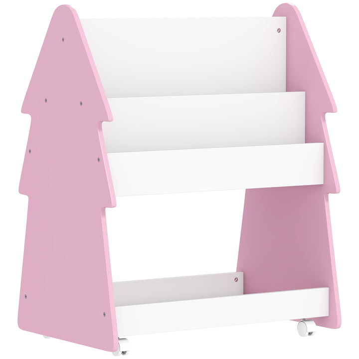 Kids Bookshelf with Toy Storage, Double-Sided Bookcase with Wheels, 3 Tier Kids Book Rack for Bedroom