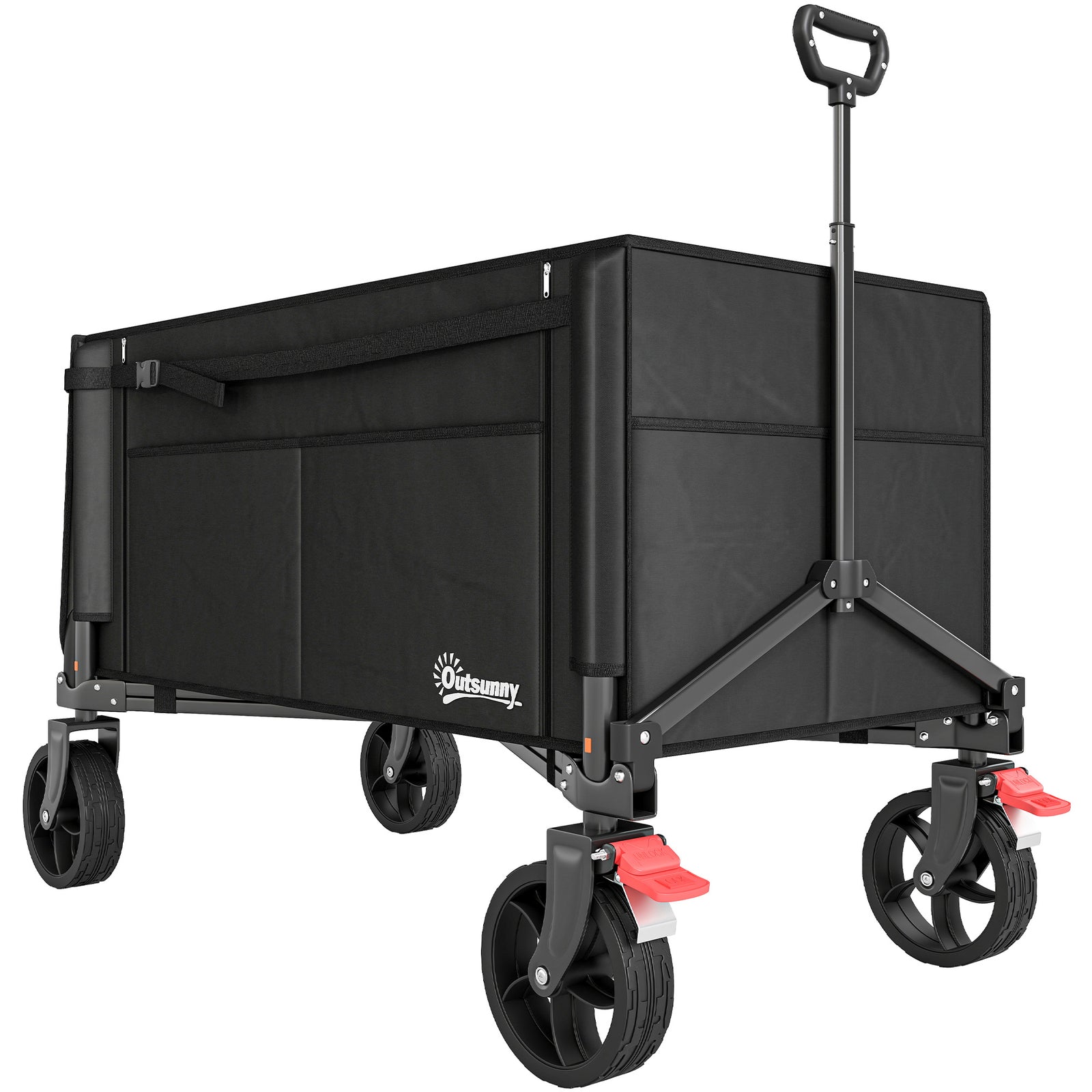 Festival Trolley on Wheels, 150L Folding Camping Trolley Cart with Openable Sides, Adjustable Handle and Brakes for Shopping Beach Garden Fishing, Black