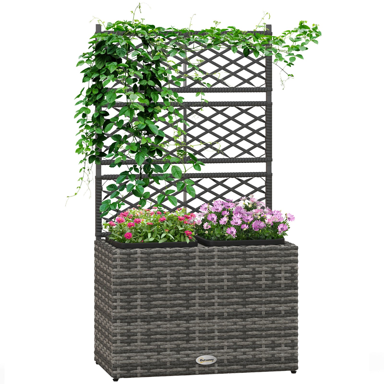 22 L Rattan Planter with Trellis, Freestanding Raised Beds for Garden with Two Plant Boxes, Outdoor Planter for Climbing Plants, Flowers, 57 x 30 x 107 cm, Mixed Grey