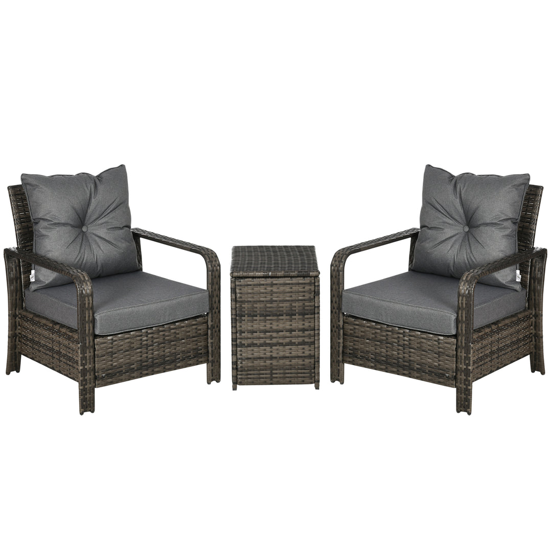 3 Pieces Rattan Bistro Set, Wicker Garden Furniture Set with Storage Coffee Table and Chairs, Thickened Cushions for Outdoor, Patio, Balcony, Grey